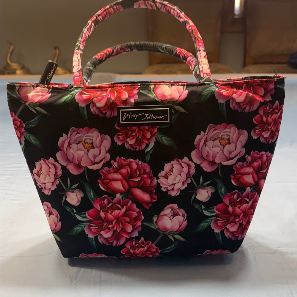 Betsey Johnson Black Floral Tote with Pink Roses